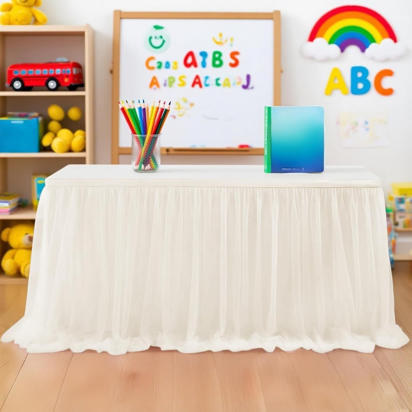 9FT Tulle Table Skirt for Teacher Desk Rectangular Ruffle Table Back to School Supplies for Kindergarten Preschool Middle School Classroom Decor, Cream