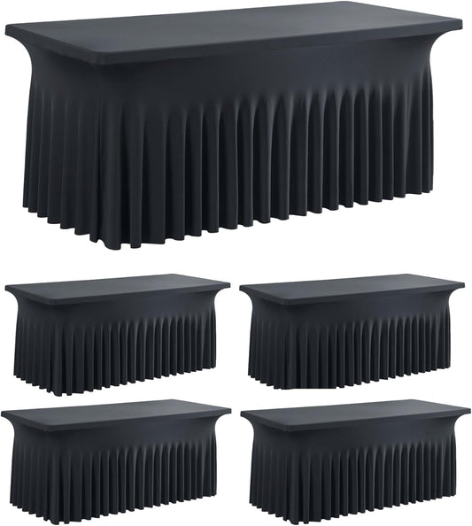 leegleri 4 Pack Black Spandex Fitted Table Clothes for 5 Foot Rectangle Tables, Wrinkle Free 5ft Spandex Table Cover with Skirt-for Banquet Weddings Parties