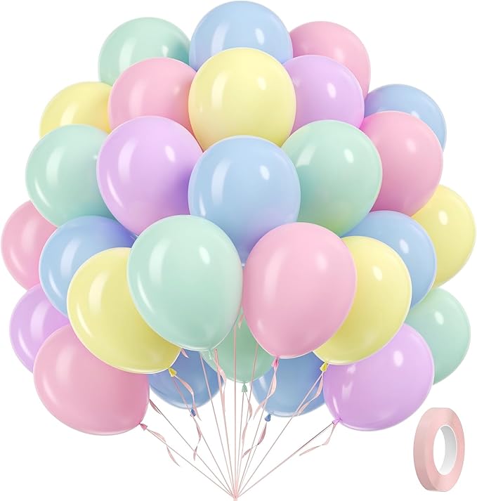 60pcs Pastel Balloons 12inch, Pastel Color Balloons with Light Pink Green Yellow Blue Purple Balloon for Easter Rainbow Baby Shower Birthday Party Decorations