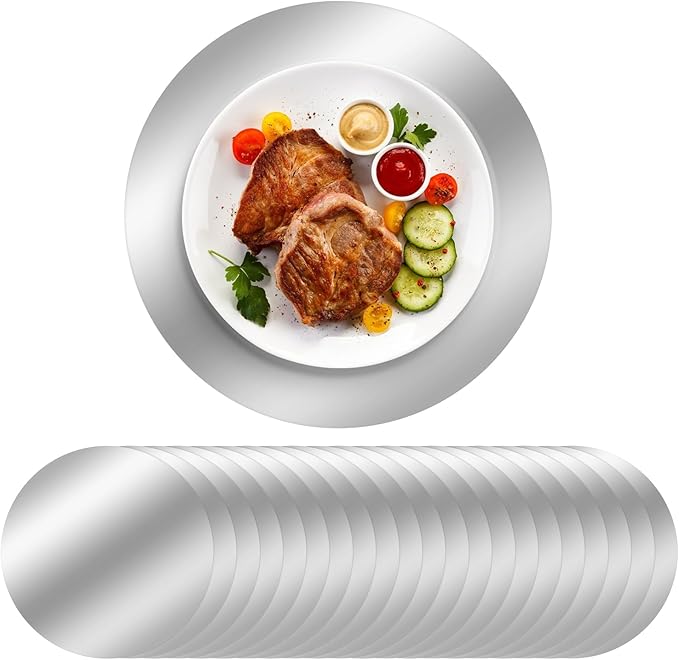 100PCS Silver Paper Placemats for Dinner Plates, 13 Inch Round Disposable Chargers, Shiny Holiday Place Mat for Dining Table Setting Valentine's Day Weddings Birthday Parties Kitchen Banquet Decor