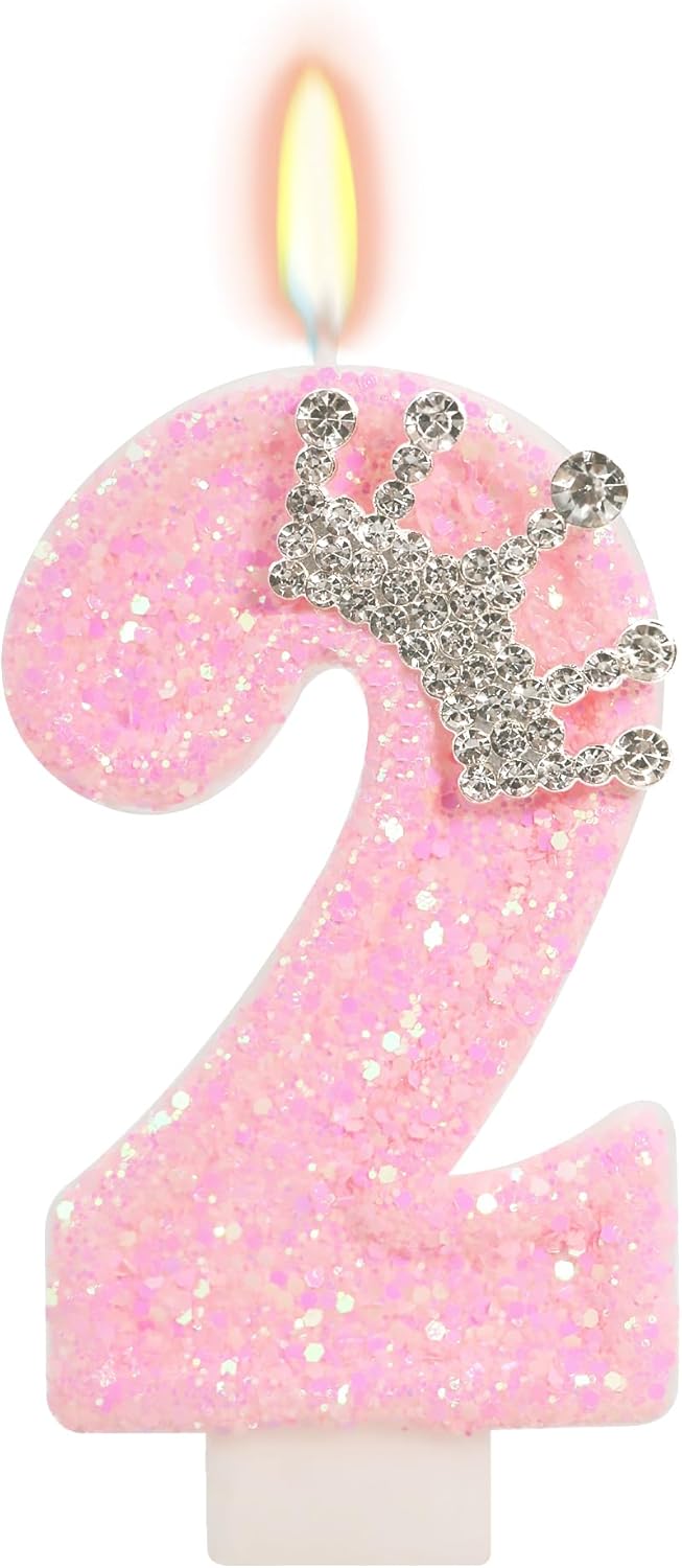 Birthday Candle for Cake, Crown Pink Number Candles, 2.76 inch Cake Topper Decoration for Birthday Party (Number 2)