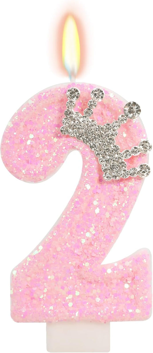 Birthday Candle for Cake, Crown Pink Number Candles, 2.76 inch Cake Topper Decoration for Birthday Party (Number 2)