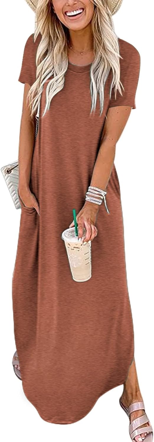 ANRABESS Womens Summer Maxi Dress Short Sleeve Casual Loose Long T Shirt Dresses Split Vacation Beach Sundress Travel Outfits