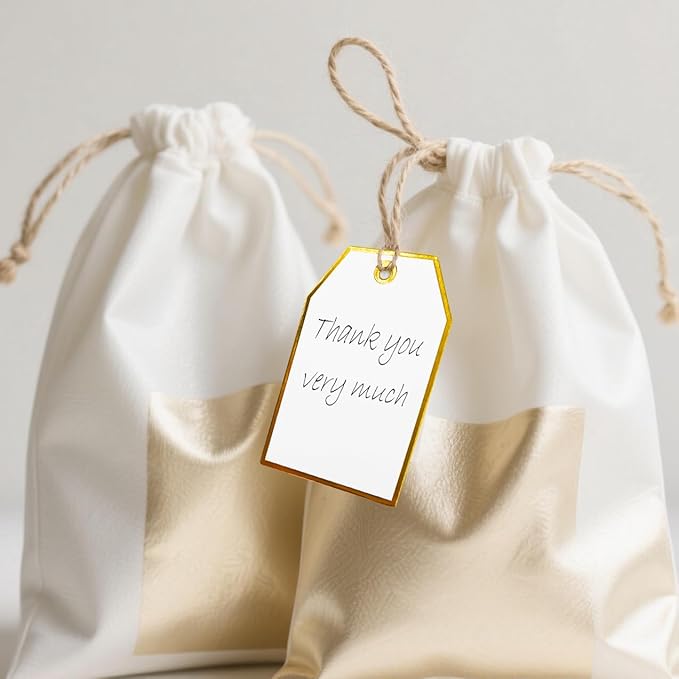 ASYEHJNR 100Pcs Gold Gift Tags with String Attached Foil Gold Frame Large White Paper Gift Tags Presents with 65 Ft Jute Twine for Christmas Holiday Baby Shower Wedding Birthday Gift Wrap Tags