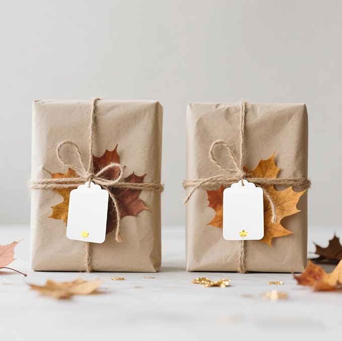 ASYEHJNR 100 Pcs Blank Gift Tags with String Gold Foil Maple Leaf Fall Large Gift Tags with 65 Ft Jute Twine White Paper Cute Tags for Fall Autumn Thanksgiving Harvest Party Gift Wrap Tags