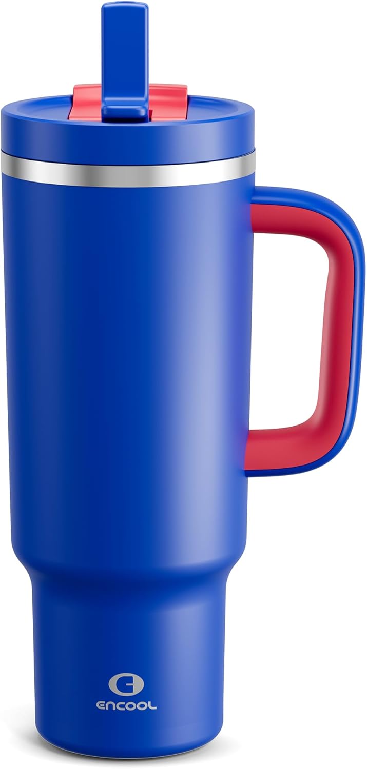 ENCOOL 40 oz Tumbler with Handle and Straw: Stainless Steel Insulated Tumbler Keeps Cold for 24 Hours, Leakproof Travel Cup Fits in Cup Holder and BPA-Free,Beaucoup Blue