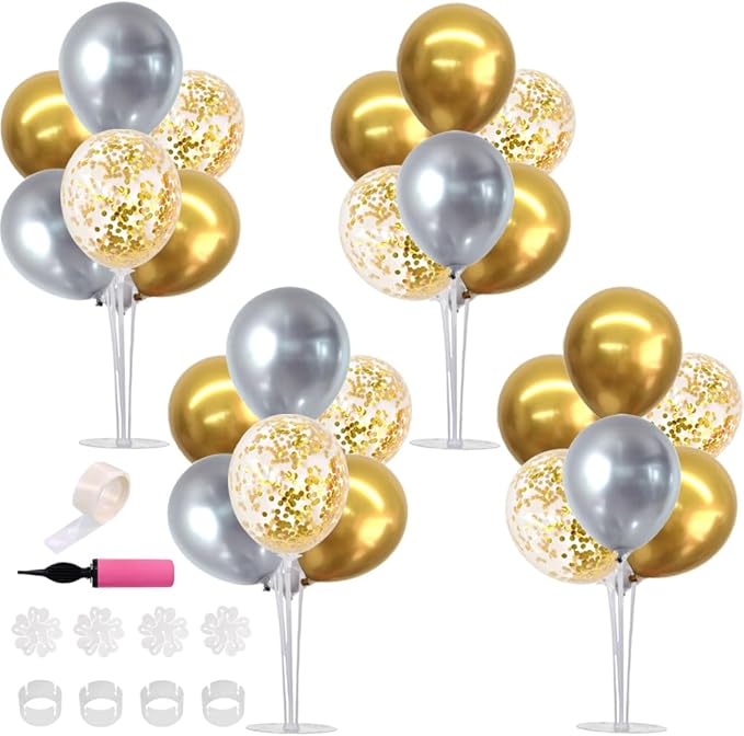 TONIFUL 4 Table Centerpiece Balloon Stand Kit Include Silver Gold Latex Confetti Balloons for 2026 Graduation,New Years 2026,Birthday,Retirement,Christmas,Anniversary Table Party Decoration