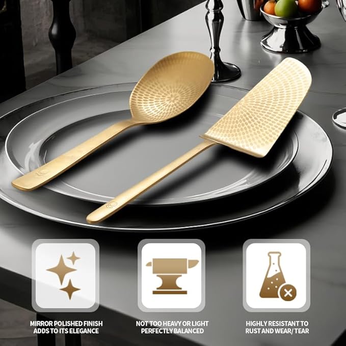 OPRAKT HOME Gold Kitchen Set, 11-inch Cake Spatula and 10-inch Serving Spoon with Storage Bag, Stainless Steel
