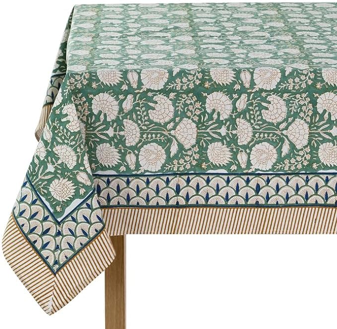 Ridhi Hand Block Print Turquoise Moss Green Rectangle Cotton Tablecloth 118" x 70" Reusable Table Cover Decorative Everyday Use for Dining, Farmhouse, Home Gift for Spring, Easter, Valentine