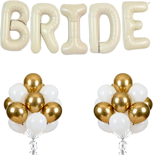 40Inch BRIDE Balloons- Metallic Gold Pearl White Balloons with Large Cream White BRIDE Foil Banner Letter Sign for Wedding Bridal Shower Engagement Bachelorette Party Decorations