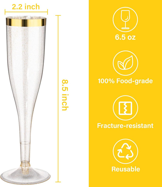 Goodluck 48 Pack 6.5 oz Plastic Gold Glitter Champagne Flutes with Gold Rim, Disposable Champagne Toasting Glasses for Wedding, Engagement, Party, Mimosa Bar