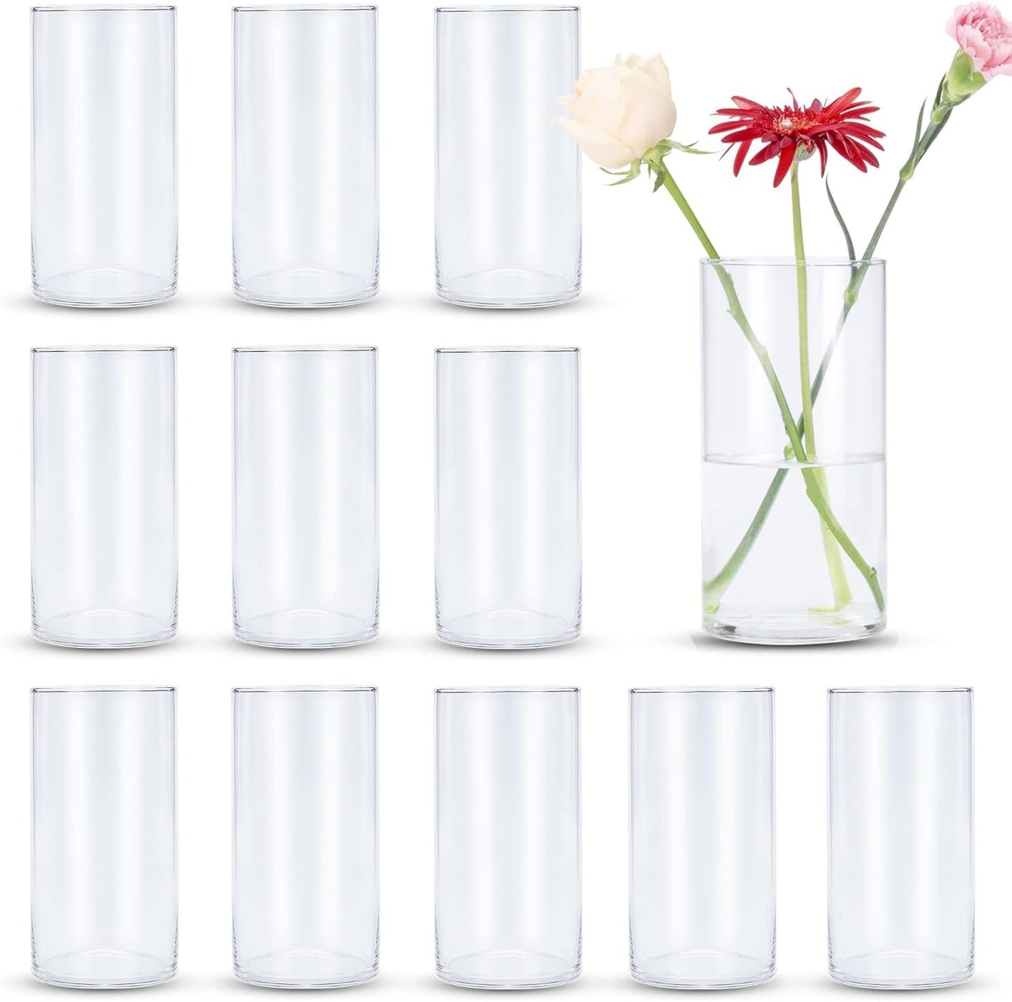 Devilfire 8 Inches Tall (20 cm) Clear Glass Cylinder vases,Pack of 12 Centerpiece Flower Vase,Floating Candle Holder for Home & Garden Decor, Wedding, Party.