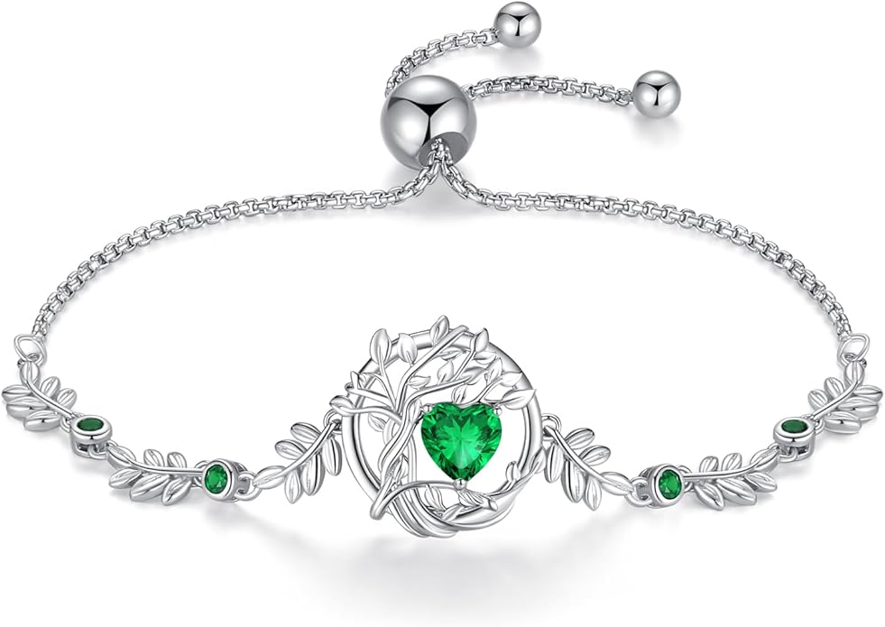 FANCIME Valentines Day Gift Tree of life Birthstone Bracelet for Women Sterling Silver Tree Jewelry Birthstone Charm Bracelet Gemstone Anniversary Birthday Gifts for Wife Mom Her