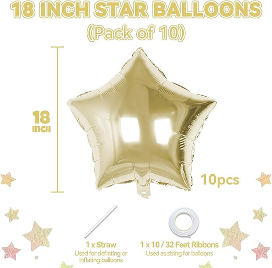 Gold Star Foil Balloons, 10PCS Light Gold Foil Stars Shape Balloon, 18 Inch Metallic Gold Balloons for Helium Pentagram Balloon for Birthday, Wedding, Graduation, Baby Shower Party Decorations