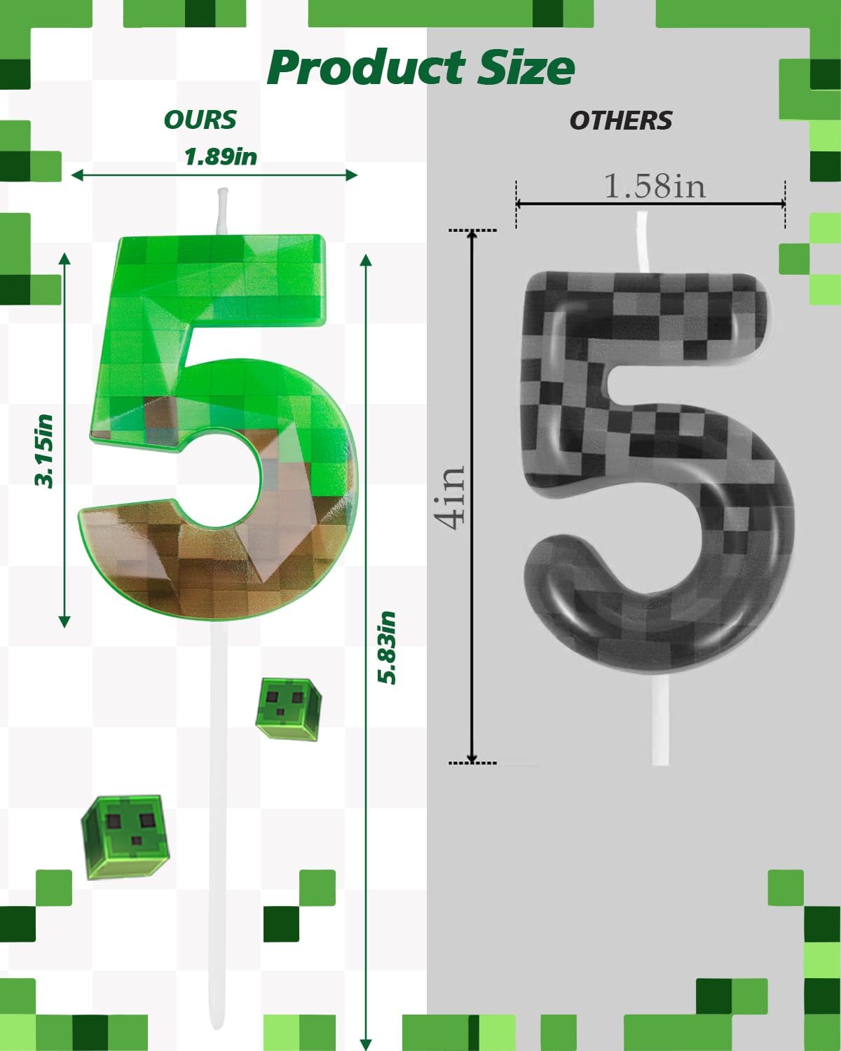 Pixel Birthday Candle, 2.68 Inch Miner Number Candles, Game Themed Candle Birthday Decoration for Pixel Theme Birthday Anniversary Dynamite Video Game Party (Green, 5)