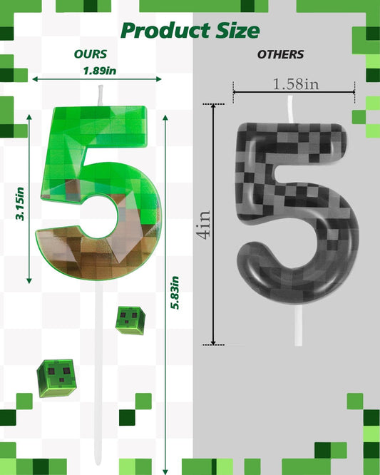Pixel Birthday Candle, 2.68 Inch Miner Number Candles, Game Themed Candle Birthday Decoration for Pixel Theme Birthday Anniversary Dynamite Video Game Party (Green, 5)