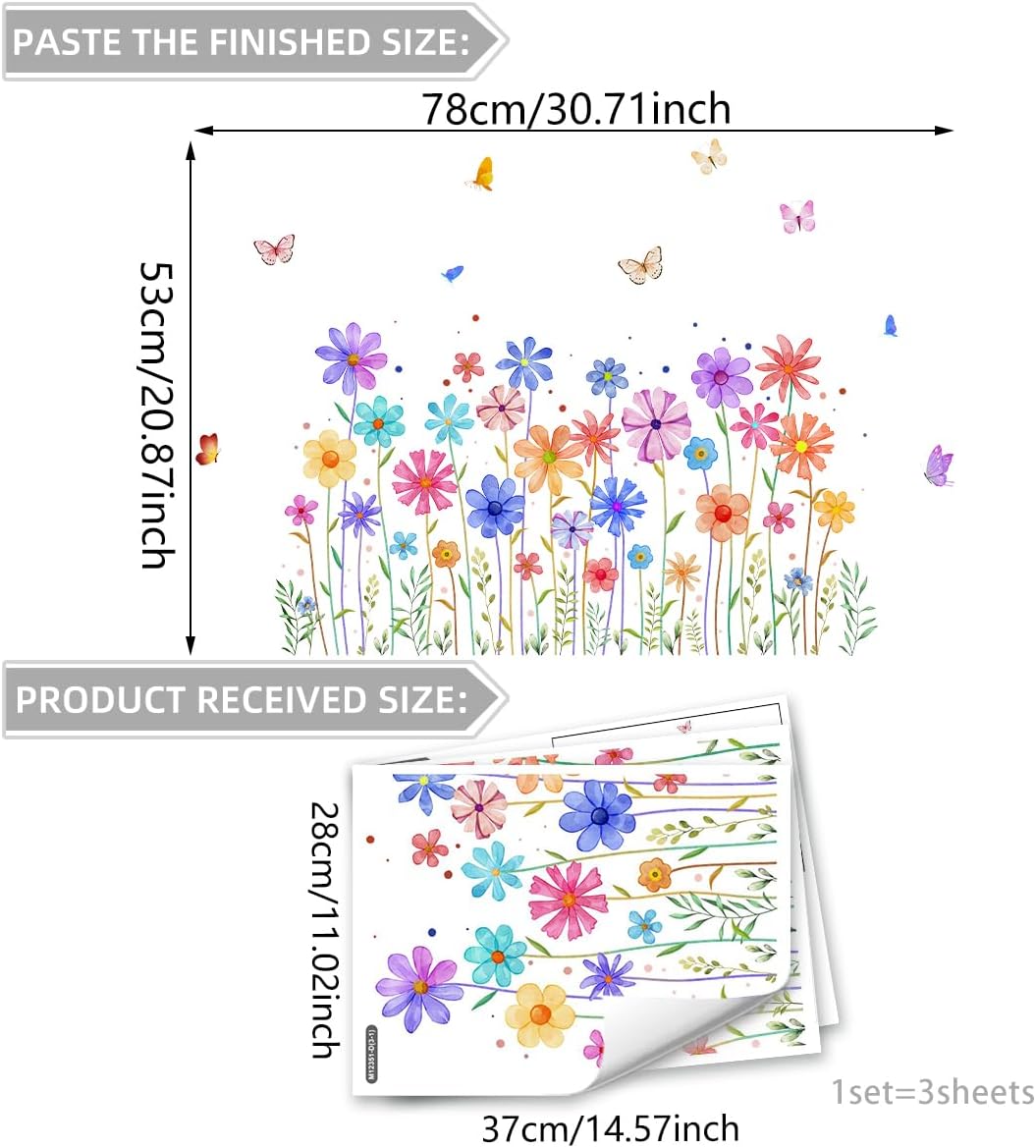 3 Pieces Colorful Flowers Wall Decals Vinyl Colorful Flowers Wall Stickers Removable Floral Art Murals Peel and Stick Colorful Decor for Girls Bedroom Living Room Nursery