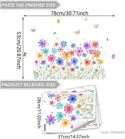 3 Pieces Colorful Flowers Wall Decals Vinyl Colorful Flowers Wall Stickers Removable Floral Art Murals Peel and Stick Colorful Decor for Girls Bedroom Living Room Nursery