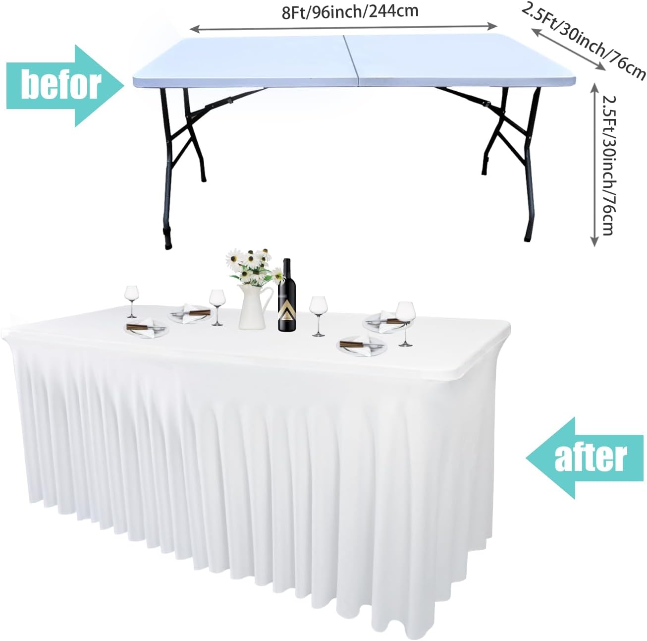 6-Pack Stretch Spandex Table Skirt for 8-Foot Table (96"x30"x30"H) – White Fitted Washable Cover with Ruffle for Party, Wedding, Birthday, Banquet