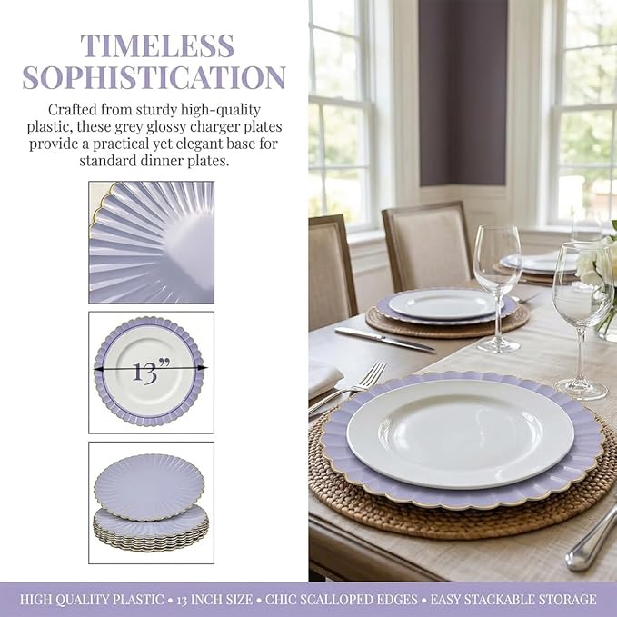 Grey Glossy Shagreen Charger Plates, 13 Inch Plastic Round Dinner Charger Plates for Wedding Party, Tabletop Decor. (Set of 6)