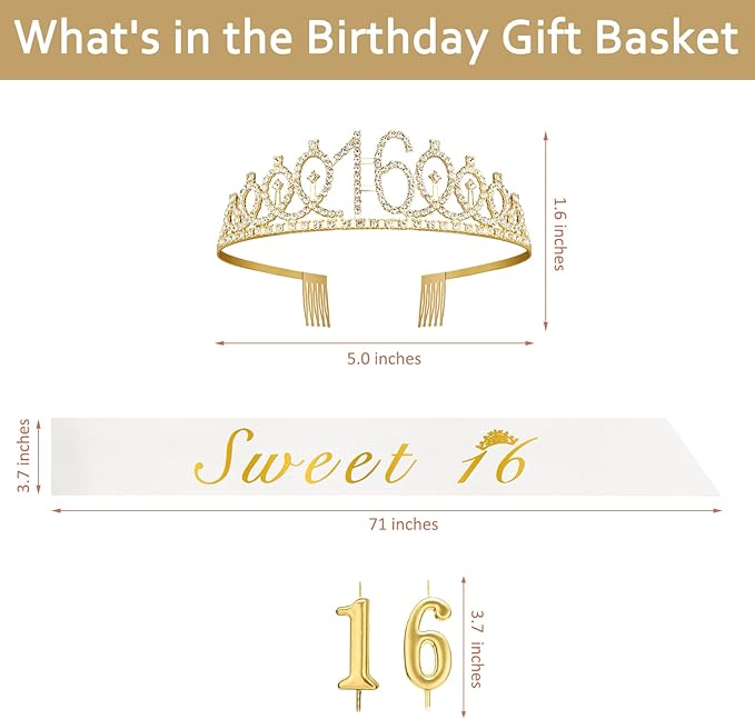 Sweet 16 Party Decorations for Girls with Sweet 16 Sash White, Rhinestone 16th Birthday Tiara, 16 Candles Gold, 16th Birthday Gifts for Girls Gold White Set