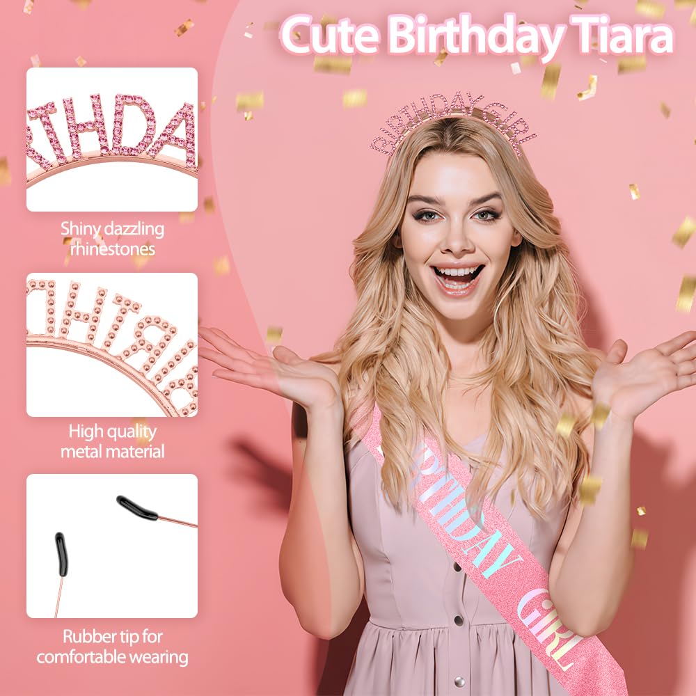 Birthday Sash Birthday Crown for Women, Birthday Girl Sash, Birthday Girl Crown, Glitter Pink Birthday Sash and Crown Rhinestone Headband Set, Happy Birthday Girl Princess Tiara Sash Accessories