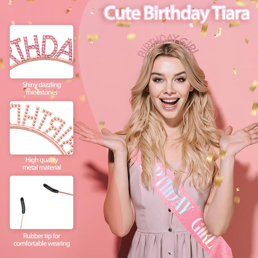 Birthday Sash Birthday Crown for Women, Birthday Girl Sash, Birthday Girl Crown, Glitter Pink Birthday Sash and Crown Rhinestone Headband Set, Happy Birthday Girl Princess Tiara Sash Accessories