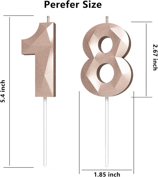 Number Birthday Candles(18 Candle Rose Gold) 3D Diamond Shape Number Happy Birthday Cake Candles for Birthday Party Wedding Decoration Reunions Theme Party
