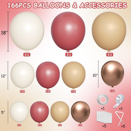Red Brown White Gold Balloon Arch Kit, 166Pcs Boho Ruby Red Balloons Garland for Valentine's Day Wedding Bachelorette Birthday Mother's Day Graduation Party Decoration