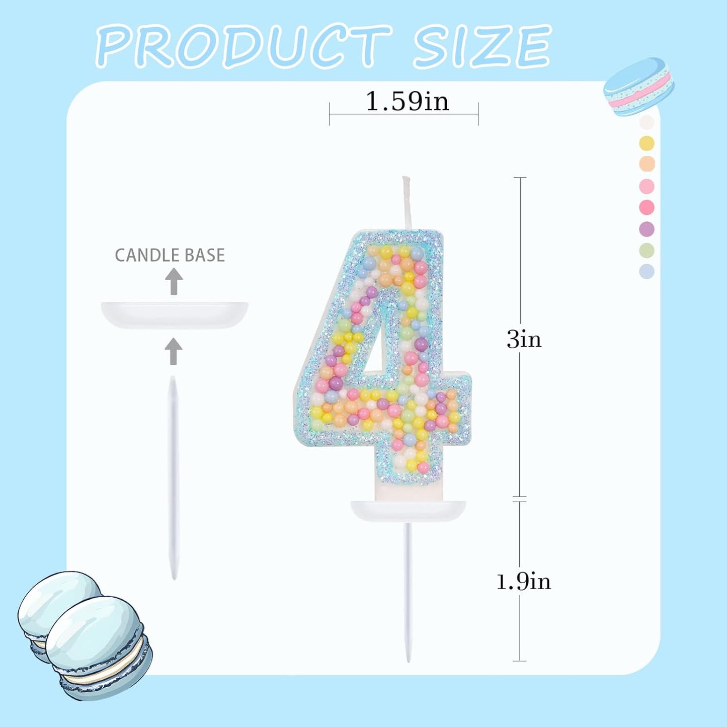 Birthday Candles - Number 4 Candle, Colorful Macaron Candles for Boys/Girls, Blue Cake Decorations, Blue Birthday Decorations