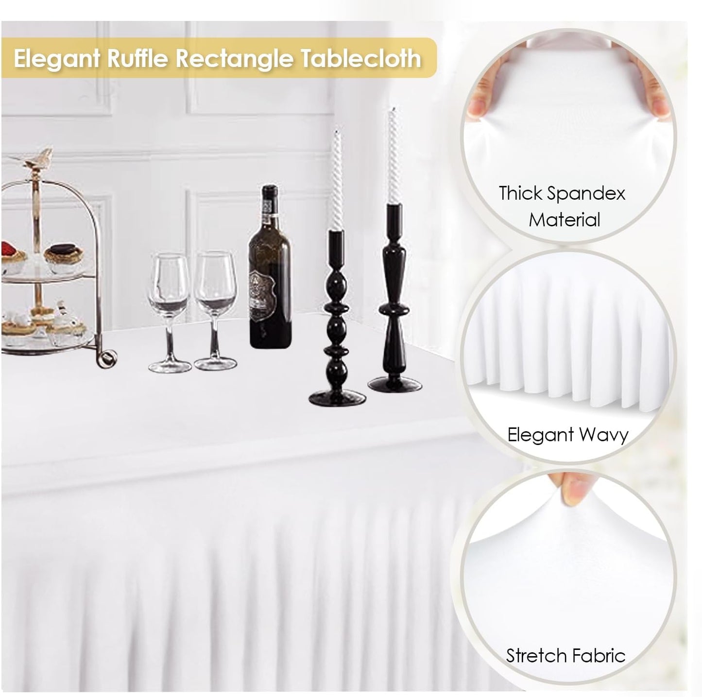 Table Skirt for 6ft Tables Spandex White Table Cover with Skirt 2Packs Stretchy Tablecloth Wrinkle-Resistant Ruffles Elastic Table Covers for Wedding, Banquet, Birthday Parties