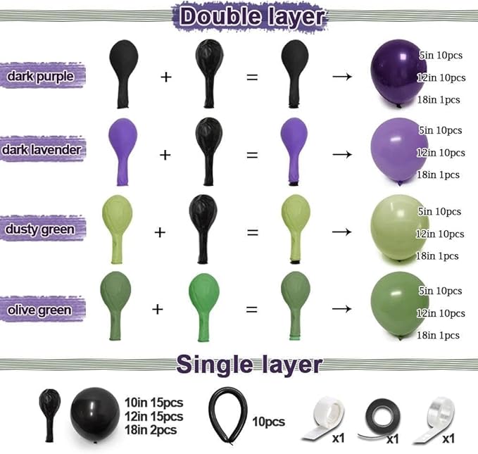 Green Purple Black Balloons Double Stuffed, Halloween Balloon Arch Garland Kit in Dark Purple Dusty Olive Green Color with Black Long Latex for Halloween Birthday Baby Shower Boo Spooky Party Decor