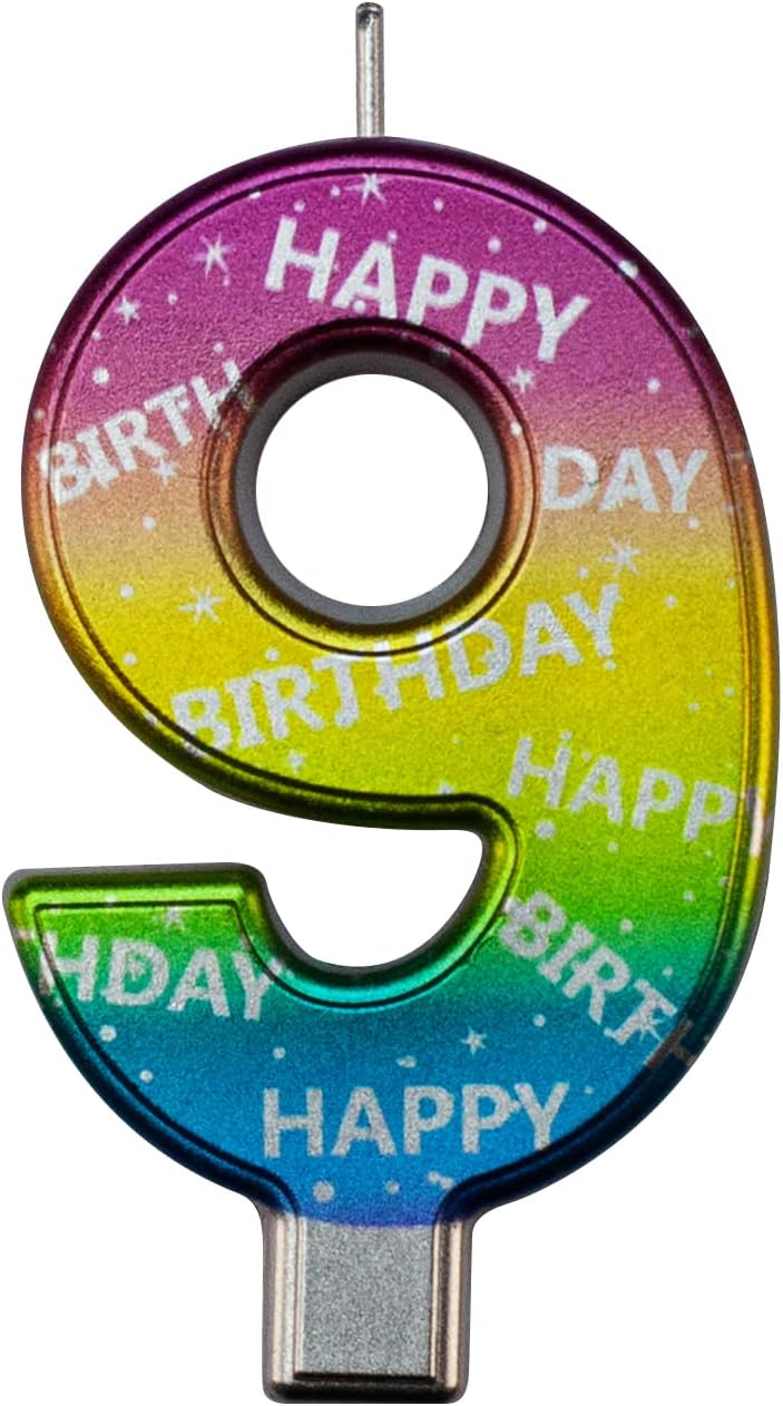DERVENTA Birthday Candles Big Numbers Multicolored 3.7 inch Party Cake Topper 1 Piece (Number 9 Multi-Colored)