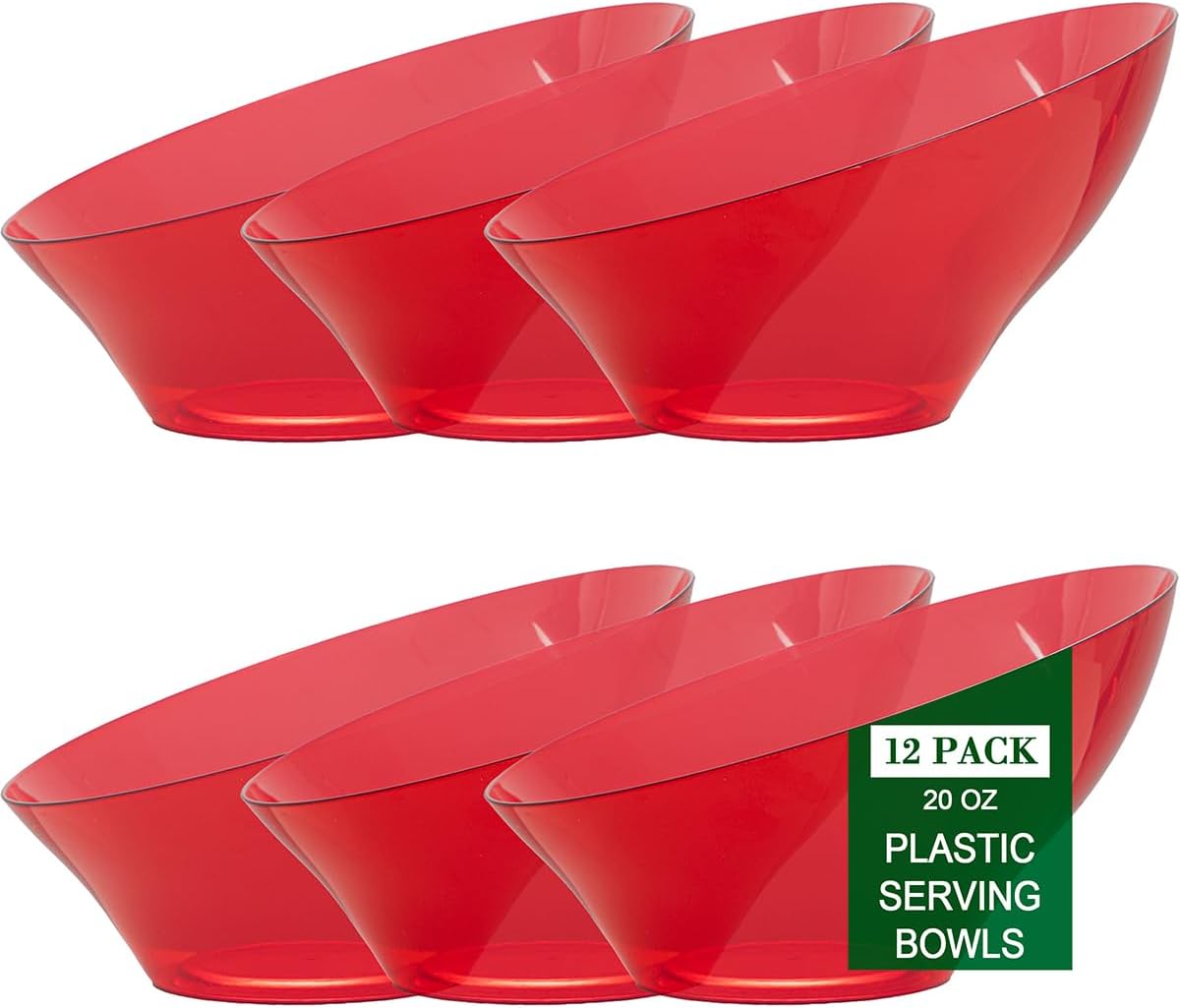 bUCLA 12 Pack Clear Red Plastic Serving Bowls - 20 OZ Christmas Angled Serving Bowls Disposable for Chip, Candy, Salad & Fruit - Ideal for X’mas Party