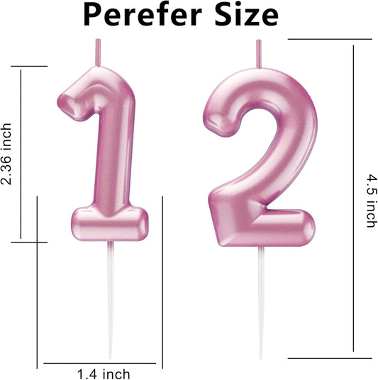 Pink Number 12 Candle Happy Birthday 3D Number Candles for Birthday Cake Party Decoration Wedding Anniversary Celebration Supplies