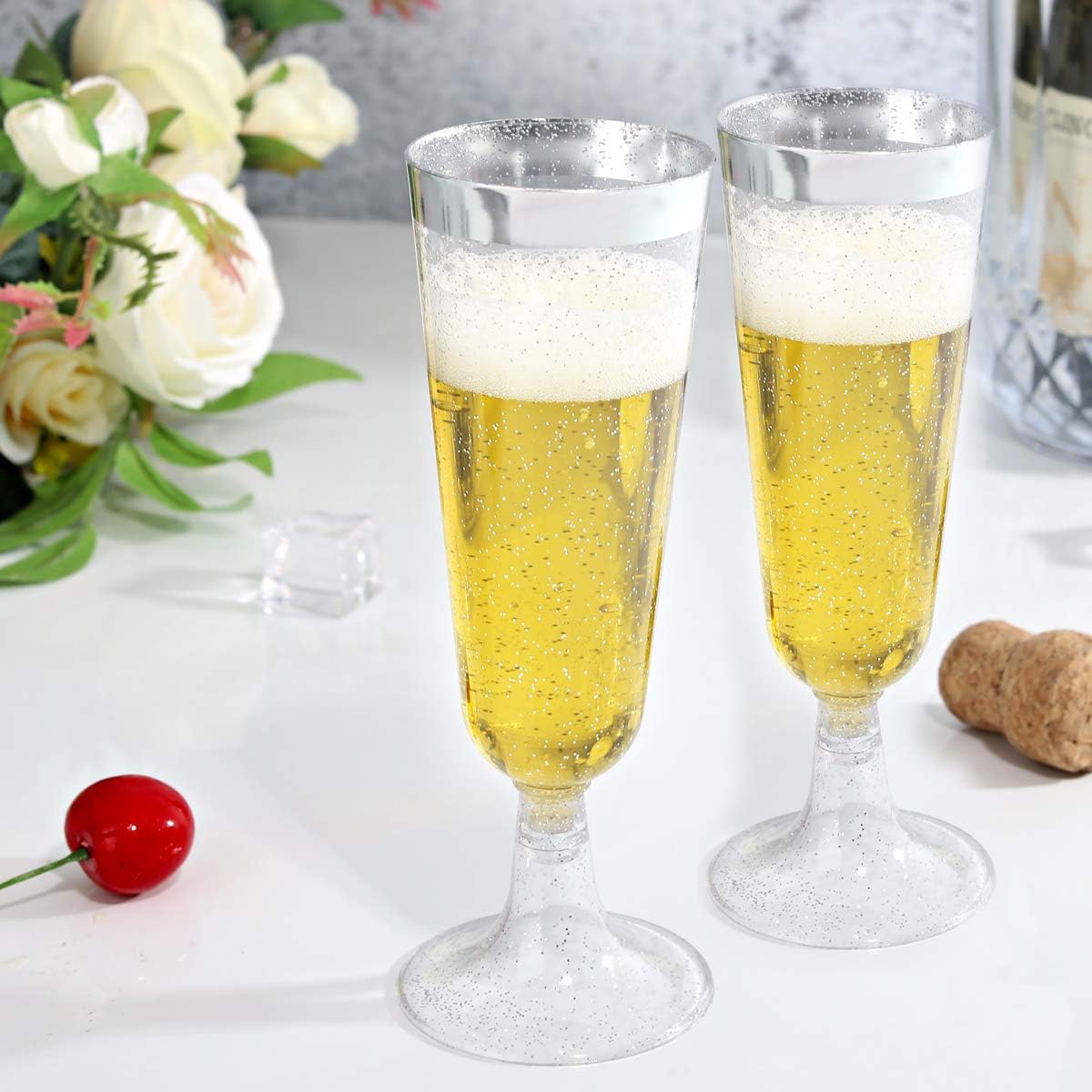 WDF 36Pieces Silver Plastic Champagne Flutes - 6oz Silver Glitter with a silver Rim Champagne Glasses - Premium Silver Plastic Cups Perfect for Party/Wedding