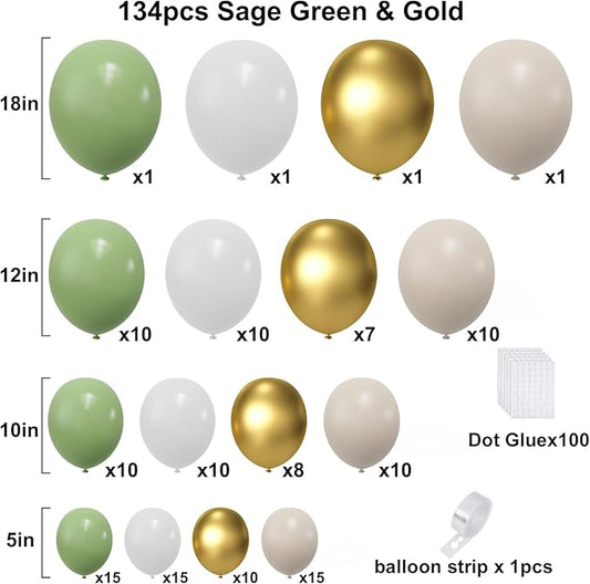 Sage Green Gold Balloons Garland Arch Kit, 134pcs Oh Baby Shower Party Balloons White Gold Balloons with Different Size for Baby Shower, Birthday, Graduation, Jungle, Eucalyptus Party Decorations