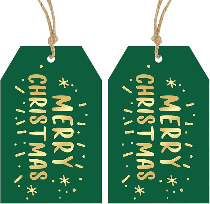 Anwyll Christmas Gift Tags with String - 50Pcs Gold and Green Merry Christmas Tags for Gifts Xmas Gift Tag Happy Holidays Hang Paper Label Tag for Present Wrapping Treat Goodie Bag Holiday Party Favor