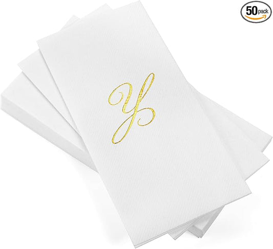 AMERICAN HOMESTEAD Disposable Hand Towels - Gold Foil Monogrammed Guest Napkins - Linen-Like Bathroom Paper Towels for Guests - Perfect Wedding and Party Napkins - 50 Count (Gold Y)