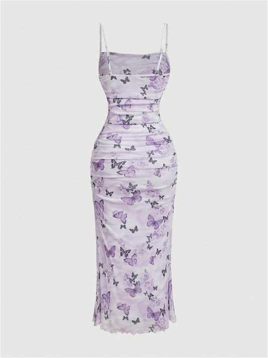 GORGLITTER Women's Floral Ruched Bodycon Midi Dress Mesh Sleeveless Fishtail Cami Dresses