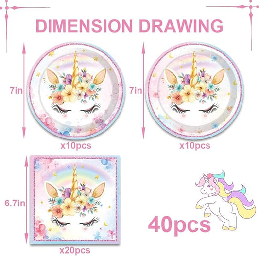 40Pcs Unicorns Birthday Decorations for 20 Guests Birthday Party Supplies Set Unicorns Plates and Napkins Magical for Girls Baby Shower Party Decorations