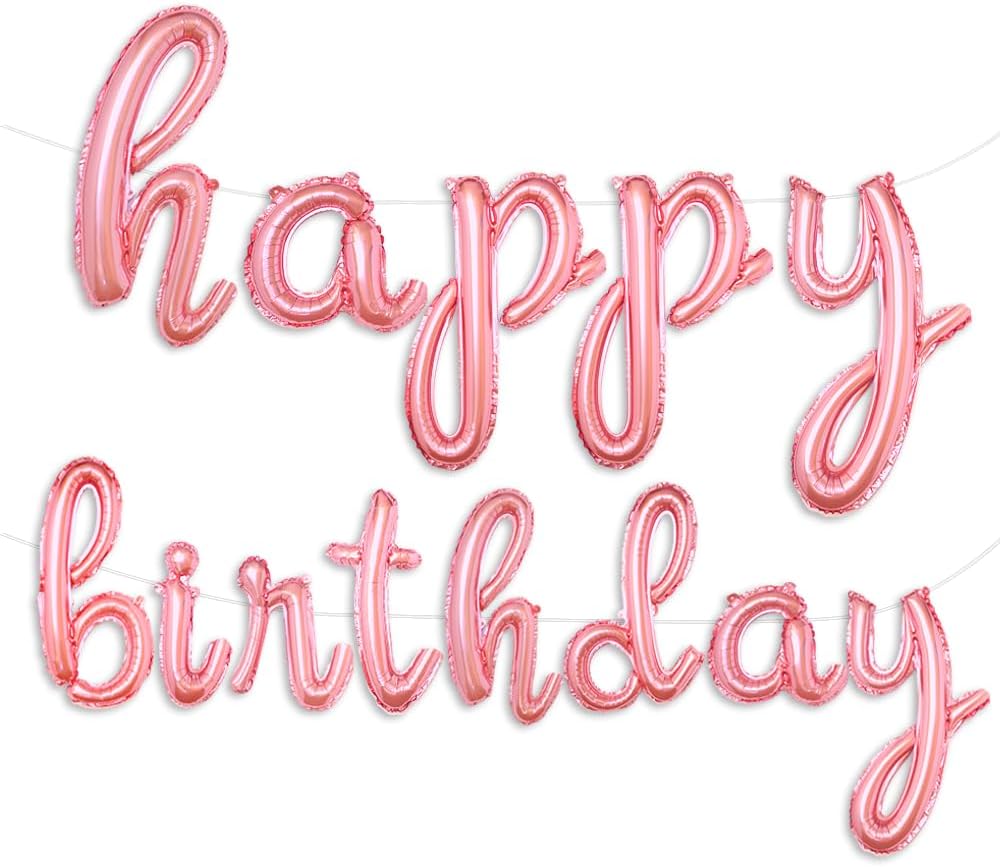 Rose Gold Happy Birthday Balloons Banner | Script/Cursive Rose Gold Letter Balloon Sign For Birthday Party Decor/Decoration | Foil Mylar Happy Birthday Banner