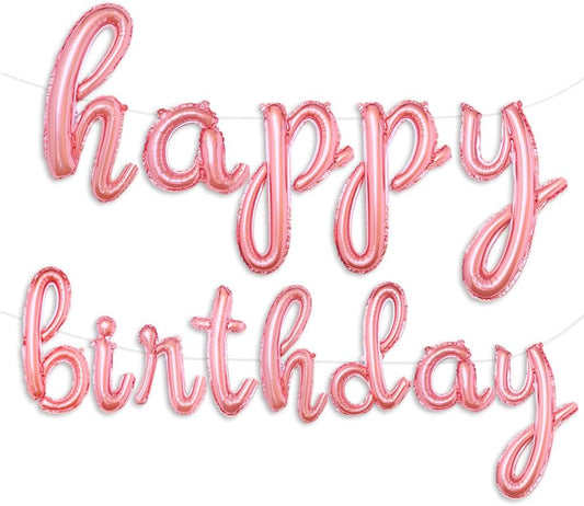 Rose Gold Happy Birthday Balloons Banner | Script/Cursive Rose Gold Letter Balloon Sign For Birthday Party Decor/Decoration | Foil Mylar Happy Birthday Banner