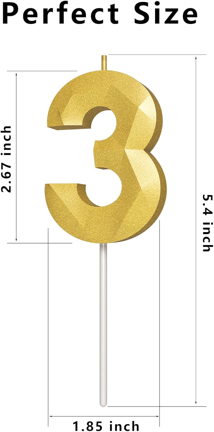 Number Birthday Candles(3 Candle Gold) 3D Diamond Shape Number Happy Birthday Cake Candles for Birthday Party Wedding Decoration Reunions Theme Party