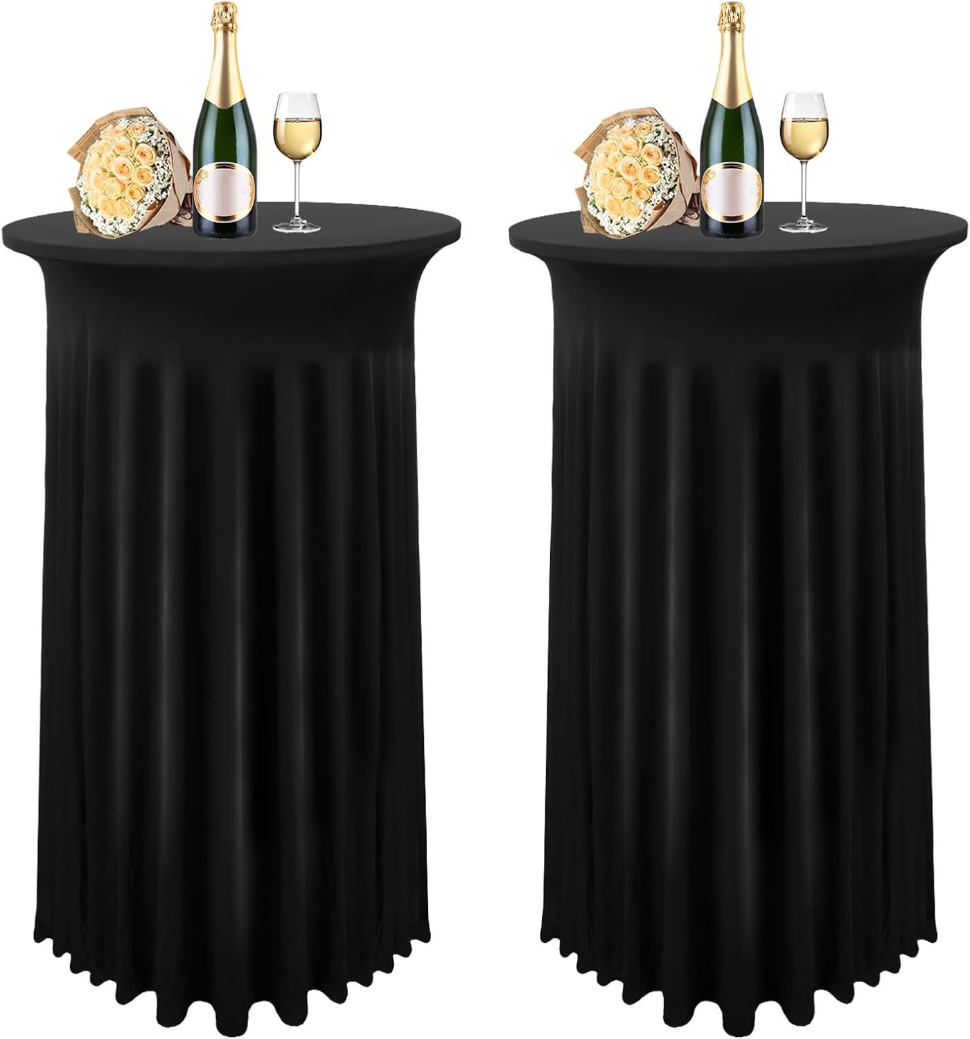 2 Pack Spandex Stretch Cocktail Table Covers with Skirt, Black Round - 24"x43", Fitted High Top Stretch Table Dress for Party, Wedding, and Banquet
