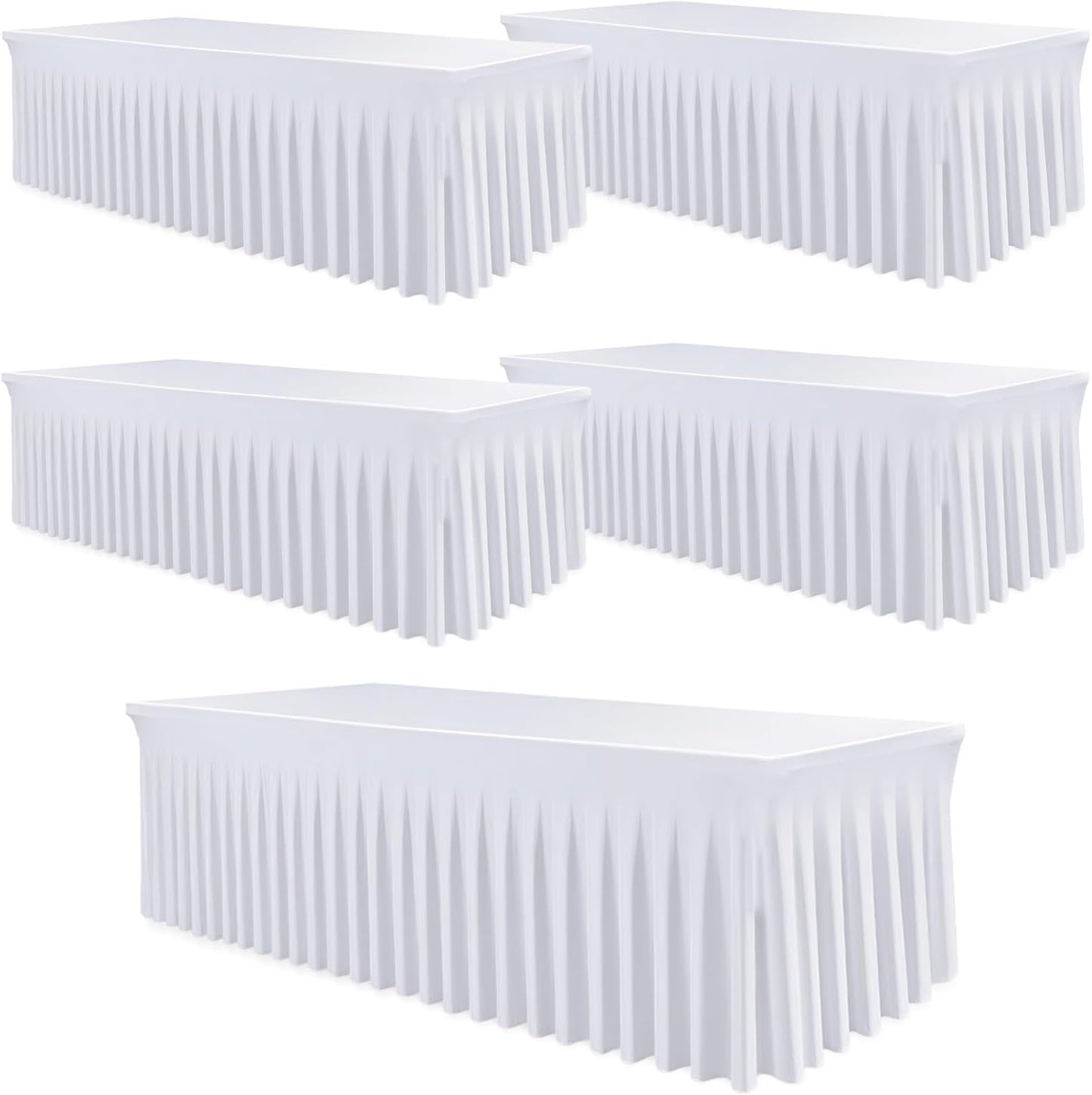 5 Pack White Spandex Tablecloths, Stretch Fitted 6ft Table Cover (120 Inch) with Skirt, Wrinkle Free for Weddings, Parties, Banquets, Dining Fits 6 Foot Rectangle Tables