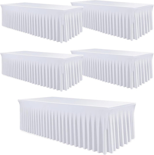 5 Pack White Spandex Tablecloths, Stretch Fitted 6ft Table Cover (120 Inch) with Skirt, Wrinkle Free for Weddings, Parties, Banquets, Dining Fits 6 Foot Rectangle Tables