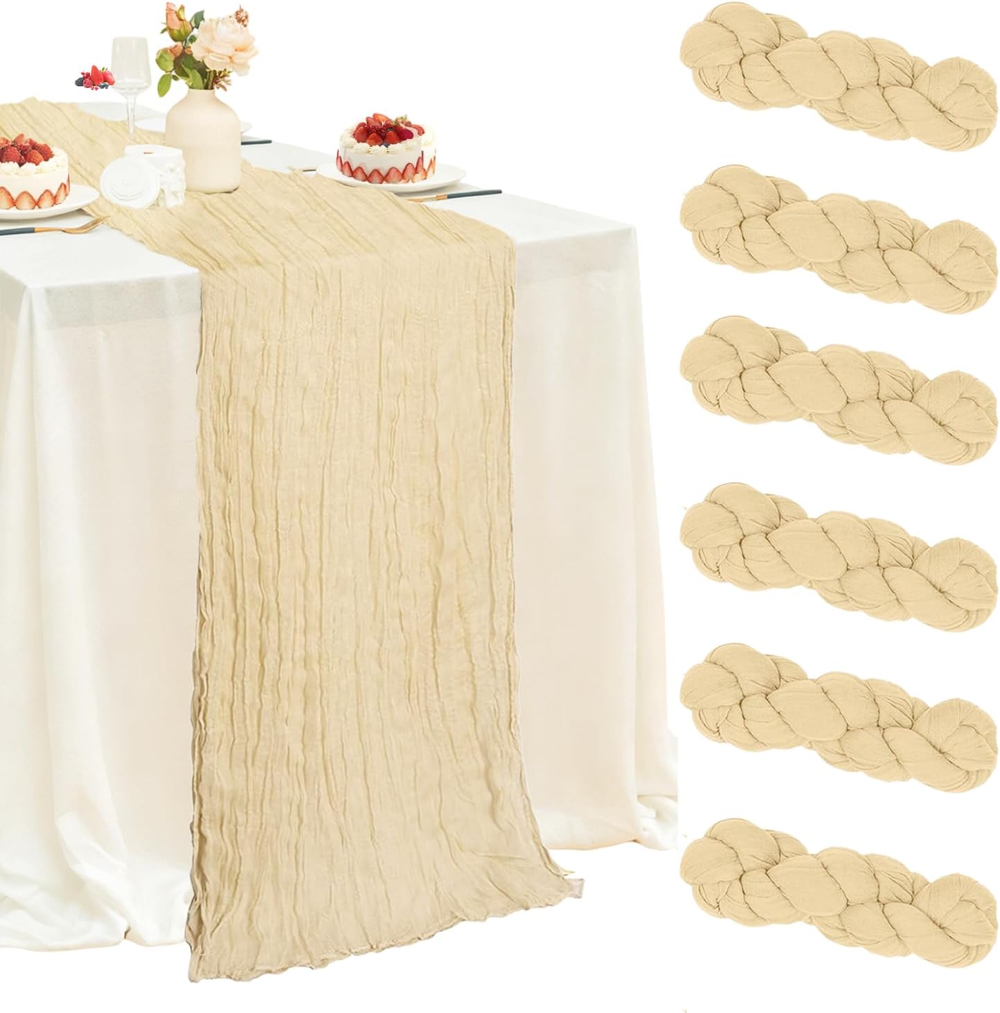 6 Pack Beige Cheesecloth Table Runner 120 Inch Boho Gauze Table Runner Long Sheer Fabric for Wedding Birthday Party Baby Shower Centerpiece Decoration