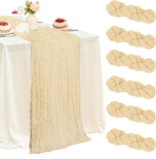 6 Pack Beige Cheesecloth Table Runner 120 Inch Boho Gauze Table Runner Long Sheer Fabric for Wedding Birthday Party Baby Shower Centerpiece Decoration
