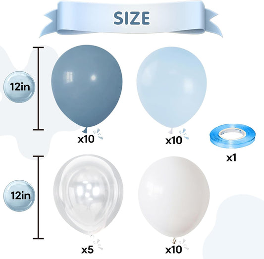 Dusty Blue Balloon, 12 inch Blue White Clear Balloon, Light Blue Macaron Blue Matte White Balloons with Transparent Balloons for Birthday Party Wedding Baby Shower Gender Reveal Decorations